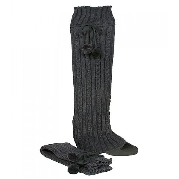 Knit Leg Warmers w/ Drawstring Pompom - Dark Gray - SK-F1005DGY